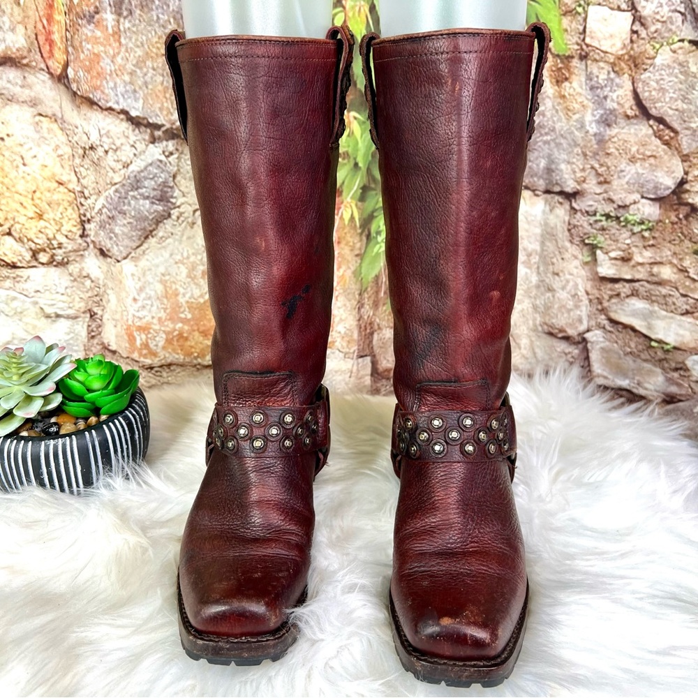 FRYE Heath Disc Harness Distressed Cognac Leather Boots, Beautiful Patina, 6B - Picture 6 of 16